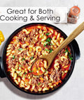 3 Piece Acacia Wood Kitchen Utensil Set With Spatula Slotted Spoon And Cooking Spoon For Flip Stir And Scoop In Nonstick Pans And Everyday Cooking Your Go To Tool For Home Chefs showing wooden spoon in a pan with pasta.