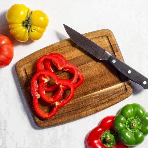 Must Have Acacia Wood Cutting Board With Juice Groove 8x6 Inch Small Kitchen Prep Board showing sliced red pepper and knife