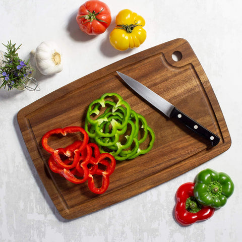 Acacia Wood Cutting Board With Juice Groove For Everyday Kitchen Prep Kitchen Workhorse 15 Inch By 10 Inch Durable Carving Board For Meat And Veggies Easy Juice Containment Great For Serving TB Home with sliced peppers and knife
