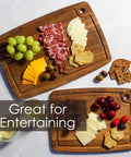 Two Piece Acacia Wood Cutting Board Set For Kitchen Prep, Dual Boards For Meat And Veggies To Prevent Cross Contamination, Durable Wooden Cutting Boards With Knife Friendly Surface TB Home, two boards filled with cheese, fruit, and crackers for entertaining.