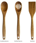 3 Piece Acacia Wood Kitchen Utensil Set With Spatula Slotted Spoon And Cooking Spoon For Flip Stir And Scoop In Nonstick Pans And Everyday Cooking Your Go To Tool For Home Chefs displayed vertically with labels.