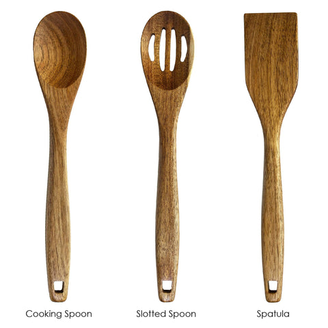 3 Piece Acacia Wood Kitchen Utensil Set With Spatula Slotted Spoon And Cooking Spoon For Flip Stir And Scoop In Nonstick Pans And Everyday Cooking Your Go To Tool For Home Chefs displayed vertically with labels.