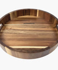 12 inch acacia wood lazy susan wooden turntable organizer, natural wood rotating serving tray from top view.
