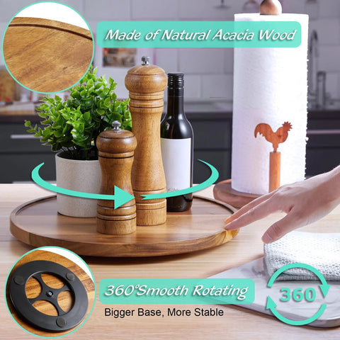 Hand using 12-Inch Acacia Wood Lazy Susan Turntable Organizer For Cabinets, Pantries, Countertops, with spices on kitchen table