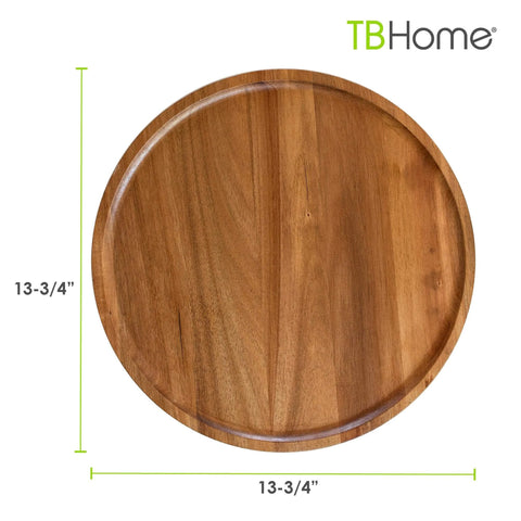 Acacia wood lazy susan organizer designed for kitchen and pantry use, rotating wooden turntable, top view, 13-3/4 inches.