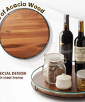 18-Inch Acacia Wood Lazy Susan Turntable With Metal Frame featuring serving essentials, showcasing its use as a charcuterie tray.