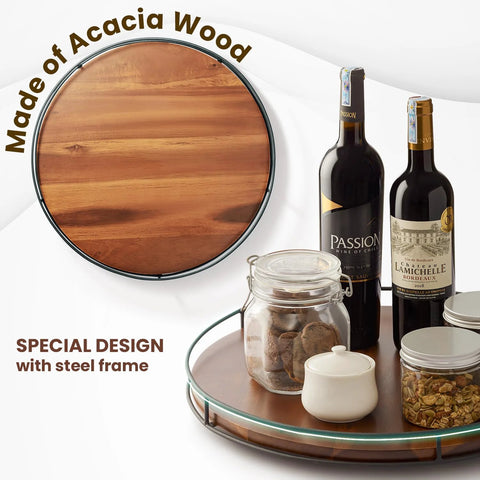 18-Inch Acacia Wood Lazy Susan Turntable With Metal Frame featuring serving essentials, showcasing its use as a charcuterie tray.