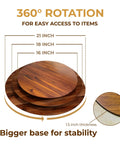 Acacia Wood Turntable Organizer Lazy Susan 21 Inch Rotating Tray showing size variations and 360-degree rotation feature