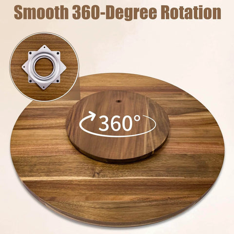 30 Inch Acacia Wood Lazy Susan Turntable, showing smooth 360-degree rotation feature with heavy duty rotating wheel close-up.