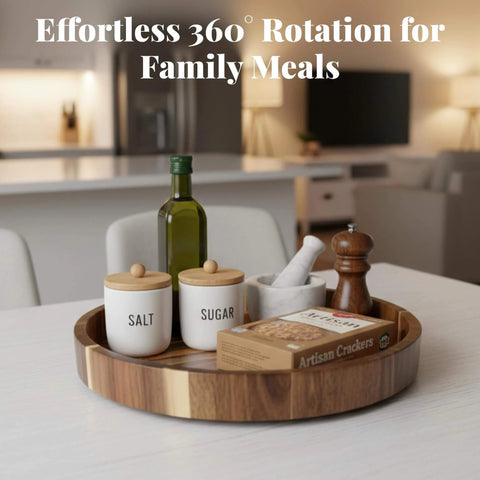 12 inch acacia wood lazy susan wooden turntable organizer with condiments and snacks on a kitchen table.