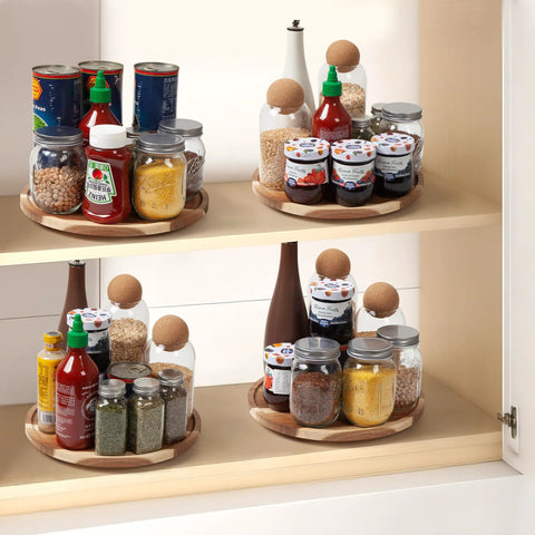 Acacia Wood Lazy Susan Turntable Organizer on shelves with spices, jams, and sauces, 8-inch round rotating serving tray display
