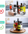 Before and after comparison of spices organized with 12-Inch Acacia Wood Lazy Susan Turntable Organizer For Cabinets and Pantries