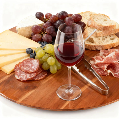 Acacia Wood Turntable Organizer Lazy Susan 21 Inch Rotating Tray with grapes, cheese, bread, salami, and wine glass