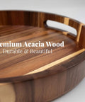 Close-up of 12 inch acacia wood lazy susan wooden turntable organizer, showcasing the natural wood grain and durability.