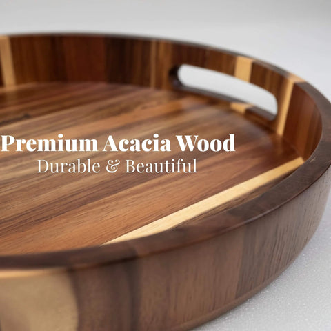 Close-up of 12 inch acacia wood lazy susan wooden turntable organizer, showcasing the natural wood grain and durability.