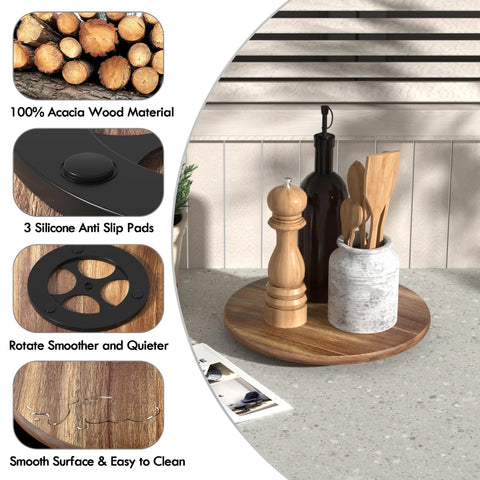 10 Inch Acacia Wood Lazy Susan Turntable For Kitchen Countertop And Cabinet Organization with condiment and napkin organizer