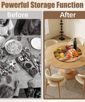 Comparison of dining tables before and after with 30 Inch Acacia Wood Lazy Susan Turntable, Extra Large Wooden Serving Tray on round table.