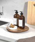 10 Inch Acacia Wood Lazy Susan Turntable For Kitchen Countertop And Cabinet Organization with soap dispensers