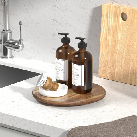 10 Inch Acacia Wood Lazy Susan Turntable For Kitchen Countertop And Cabinet Organization with soap dispensers
