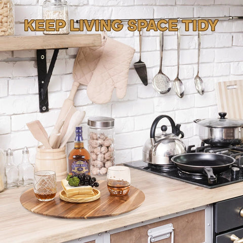 18 Inch Acacia Wood Turntable Organizer Lazy Susan on kitchen countertop with non-slip pads