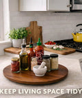18 Inch Acacia Wood Turntable Organizer Lazy Susan for tabletop cabinet or pantry with condiments on kitchen countertop