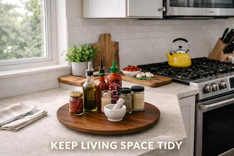 18 Inch Acacia Wood Turntable Organizer Lazy Susan for tabletop cabinet or pantry with condiments on kitchen countertop