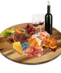 30 Inch Acacia Wood Lazy Susan Turntable with food and wine, extra large wooden serving tray for kitchen dining table centerpieces