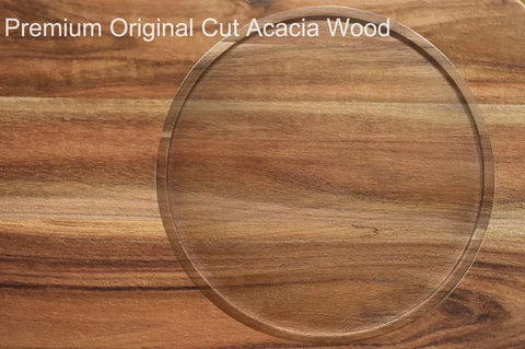Close-up of two-tier acacia wood lazy Susan with natural grain variations, highlighting rustic charm and solid wood construction.