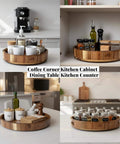 12 inch acacia wood lazy susan wooden turntable organizer on kitchen counter with cups and spices