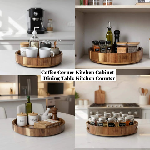 12 inch acacia wood lazy susan wooden turntable organizer on kitchen counter with cups and spices