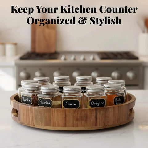 12 inch acacia wood lazy susan wooden turntable organizer with spice jars on kitchen counter.