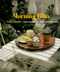 18-Inch Acacia Wood Lazy Susan Turntable With Metal Frame Large Brown Serving Tray on outdoor table with breakfast items