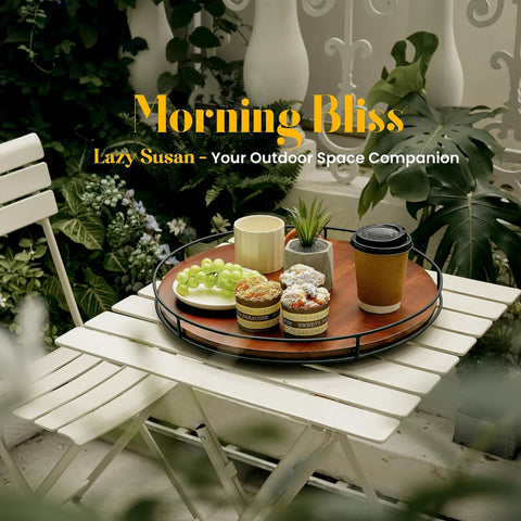 18-Inch Acacia Wood Lazy Susan Turntable With Metal Frame Large Brown Serving Tray on outdoor table with breakfast items