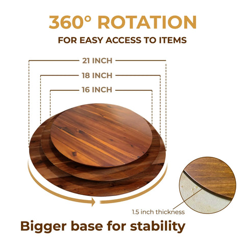 18 Inch Acacia Wood Turntable Organizer Lazy Susan For Tabletop Cabinet or Pantry with 360° rotation and stability base