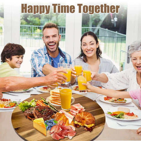 Family enjoying meal with 30 Inch Acacia Wood Lazy Susan Turntable, Extra Large Wooden Serving Tray with dishes and drinks