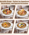 30 Inch Acacia Wood Lazy Susan Turntable showcasing various food arrangements on a dining table.