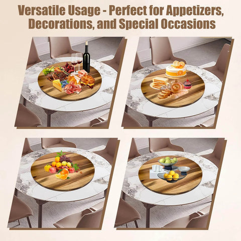 30 Inch Acacia Wood Lazy Susan Turntable showcasing various food arrangements on a dining table.
