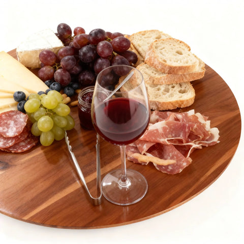 Acacia Wood Turntable Organizer Lazy Susan 21 Inch Rotating Tray set with wine, grapes, cheese, and meats on a table.