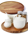 Two Pack 10 Inch Acacia Wood Lazy Susan Turntables For Cabinet Kitchen Countertop And Pantry Organization Eco Friendly Solid Wood Organizer With Raised Edge To Prevent Items From Slipping And Improve Access shown with kitchen items