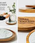 12 inch acacia wood lazy susan turntable with removable glass plate, showcasing marble texture serving tray and plant decor.