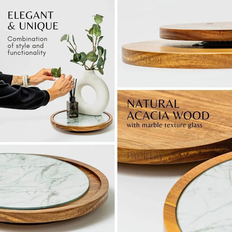 12 inch acacia wood lazy susan turntable with removable glass plate, showcasing marble texture serving tray and plant decor.