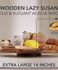 14 inch acacia wood lazy susan cabinet organizer with food items, elegant solid wood rotating turntable designed for kitchen use.