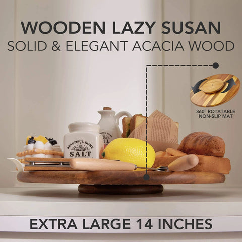 14 inch acacia wood lazy susan cabinet organizer with food items, elegant solid wood rotating turntable designed for kitchen use.