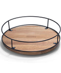 Acacia Wood Lazy Susan Turntable With Black Wire Base 360 Degree Rotation Rotating Kitchen Organizer, Rustic Natural Finish