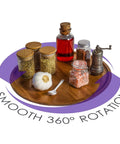 Acacia wood lazy susan organizer designed for kitchen and pantry use, rotating wooden turntable with spices and condiments.