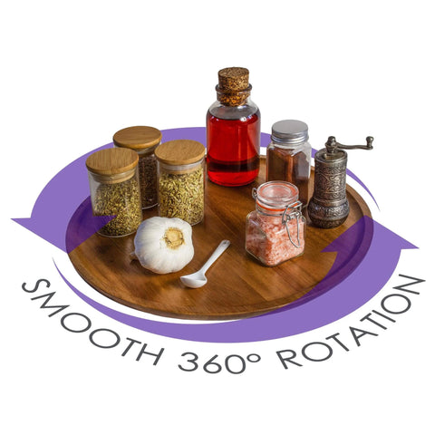 Acacia wood lazy susan organizer designed for kitchen and pantry use, rotating wooden turntable with spices and condiments.