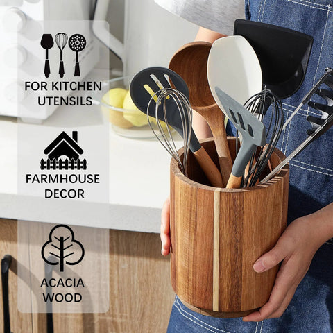 Person holding Acacia Wood Utensil Holder for kitchen countertop with 360 degree rotating base, farmhouse style