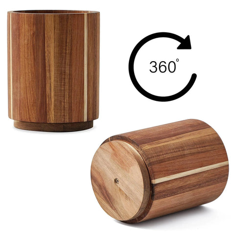 Acacia Wood Utensil Holder For Kitchen Countertop With 360 Degree Rotating Base Large Deep Utensil Crock Holds 15 Plus Cooking Tools