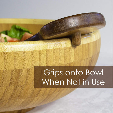 Acacia Wood Salad Hands with Non Slip Grip on bowl for tossing and serving salad greens and pasta, handheld kitchen tools