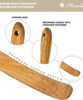 Close-up of handmade curved design and ergonomic handle of Spurtle Kitchen Tools Wooden Set For Nonstick Cookware, heat resistant.